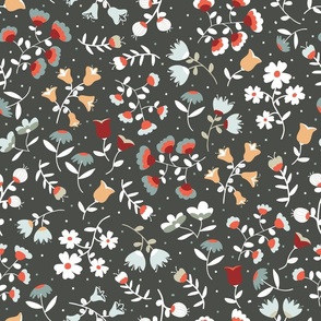 Fairytale Garden - Black Background - Botanicals - Flowers - Floral - Sage - Coral - Charcoal - Nature - Daisies - Tulips