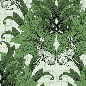 Modern Vintage Arts Crafts Animal Pattern, Woven Dark Green Hand Drawn English Art Crafts Rabbit Illustration, Green Maximalist Vintage Art Décor on Pale Green Woven Texture