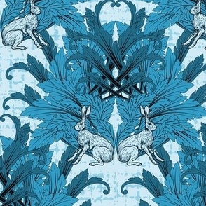 Maximalist Blue Animal Arts and Crafts Morris Style Block Print, Shades of Blue Floral Hallway Decor, Maximalism Home Décor in Tones of Blue, Magical Rabbits Sitting Hare on Woven Textured Light Blue Background