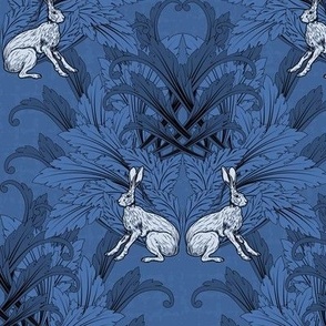 Dark Moody Victorian Floral Home Decor, Animal Art Talking Point, Whimsical Blue and White Rabbit Pattern, Sitting Hare in Shades of Dark Blue Textured Background