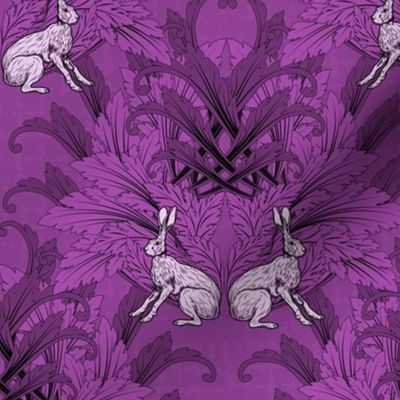 Modern Gothic William Morris Style Dark Purple Animal Design, Dark Academia Magical Forest, Kitsch Rabbit Illustration, Pink and Purple Sitting Hare Pattern, Magical Animals in Gothic Purple
