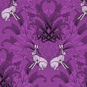 Modern Gothic William Morris Style Dark Purple Animal Design, Dark Academia Magical Forest, Kitsch Rabbit Illustration, Pink and Purple Sitting Hare Pattern, Magical Animals in Gothic Purple