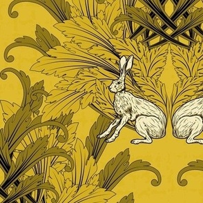 Eccentric Lemon Yellow Maximalist Animal Rabbits Illustration, Modern Magical Hares, Arts Crafts Novelty Art, Quirky Talking Point Wallpaper Decor, Yellow and Black