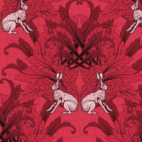 Dark Academia Victorian Aesthetic Crimson Red Animal Pattern, Quirky Art Nouveau Kitsch Pink Rabbits Wallpaper Pattern, Magical Dark Arts Crafts Crimsom Red Pink Sitting Hares Block Print on Woven Texture Print