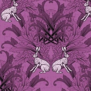 Dark Pink Gothic Arts Dark Purple Pink Animal Pattern, Whimsical Rabbit Hare Wonderland, Historical Style Kitsch Illustration, Dark Academia Arts and Crafts Gothic Damask on Purple Woven Texture