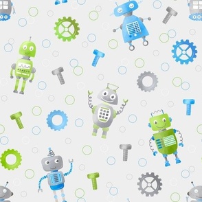 Bots, Bolts & Gears in Blue and Green with Rings on Gray