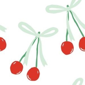 Red Cherries with Green Bows on White Fabric