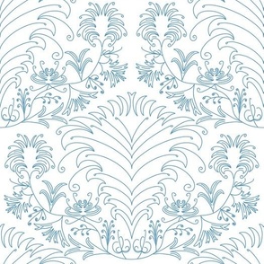 LARGE - Vintage diamond pattern with abstract flowers - blue and white