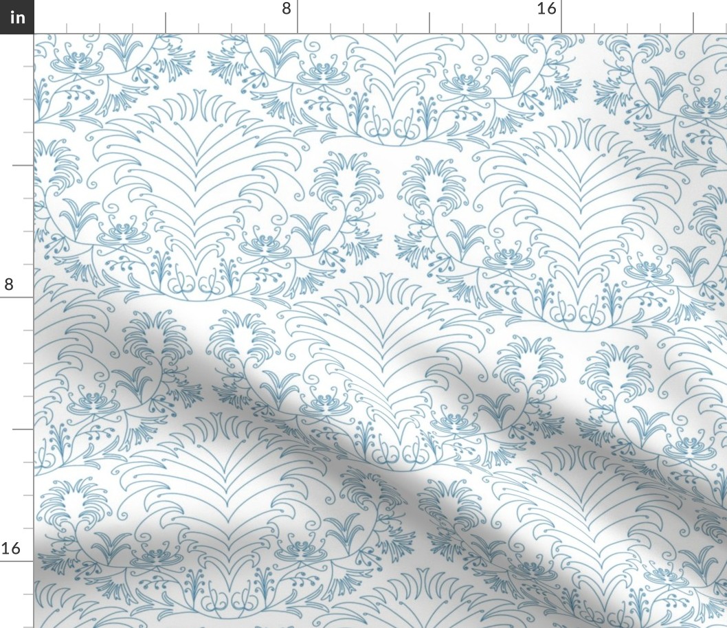 LARGE - Vintage diamond pattern with abstract flowers - blue and white