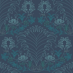 LARGE - Vintage diamond pattern with abstract flowers - greens on charcoal