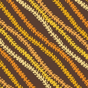 Diagonal Puakenikeni Lei Stencils Yellows and Oranges on brown