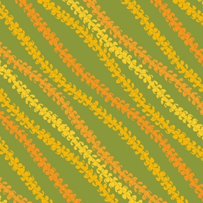 Diagonal Puakenikeni Lei Stencils Yellows and Oranges on sage