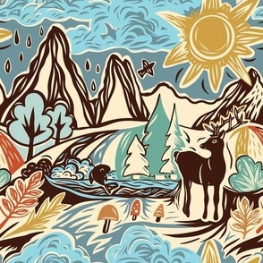 Colorful Landscape with mountains, deer, sun and forest. Nature and national park