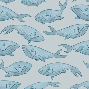 Large - Happy Whale Pod - Grey Background - Fewer Whales