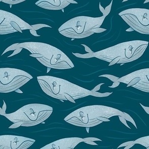 Small - Happy Whale Pod - Dark Teal Background - Fewer Whales
