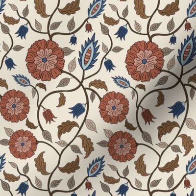 Traditional Indian Trailing Floral, Botanical Arts and Crafts, blue and red, small scale