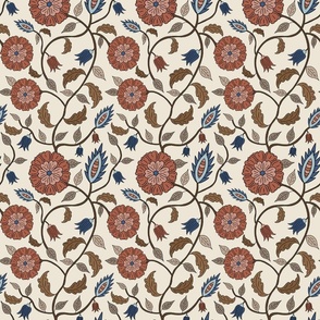 Traditional Indian Trailing Floral, Botanical Arts and Crafts. Blue , red and brown
