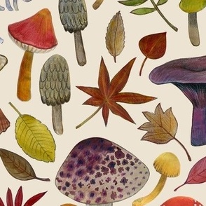 Watercolour toadstools  and Autumn leaves  -  red, grey and green on  cream - Medium scale by Cecca Designs