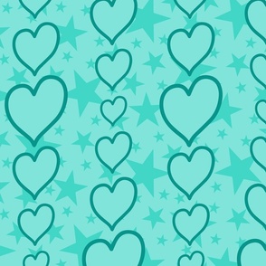 L - Aqua Hearts & Stars – Light Pastel Green Blue Valentines Love Heart Stripe