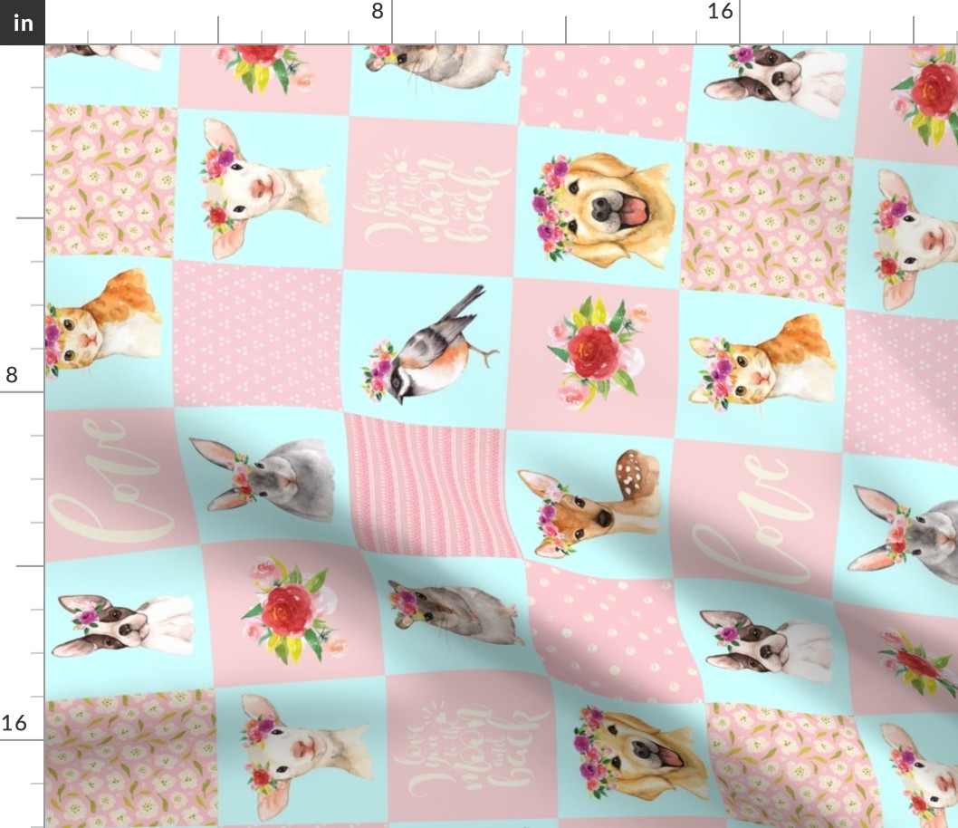 13" Animal Flower Garden- flowers and Cute Animals Patchwork - baby girls quilt cheater quilt fabric - spring animals flower fabric, baby fabric, cheater quilt fabric 