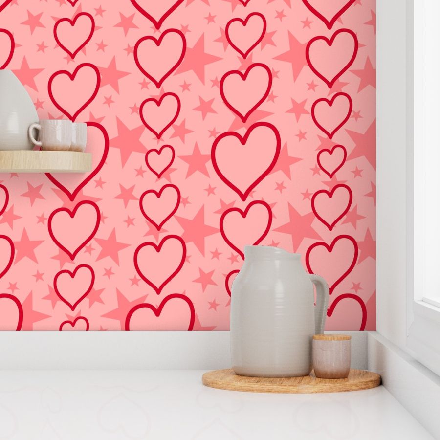 L - Red Hearts & Stars – Light Pastel Valentines Love Heart Stripe