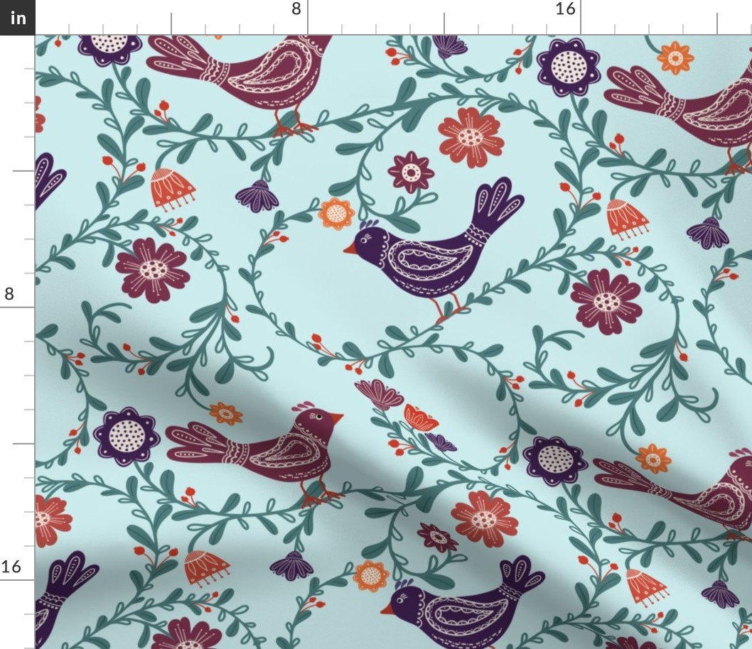 Whimsical Garden Melody: Folk-Inspired Bird and Floral Pattern - Rustic Elegance for Apparel and Home Decor