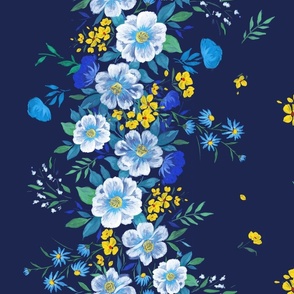 56" Wide Hand Painted Gouache Camellia Flowers Trailing with Dark Blue Background Border Print