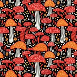 red orange art nouveau mushroom forest of polka dots