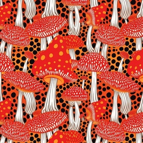 art nouveau mushroom forest in red orange and black white