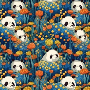 panda bears in the floral forest of red orange gold and blue