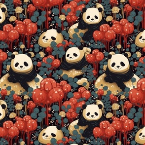 surreal panda bears in a mushroom forest