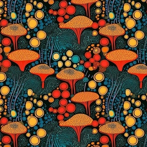 art nouveau geometric mushrooms in red orange and blue black