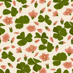 Romantic Pink Lilies and Four leaf clovers - Shamrocks BIG size 