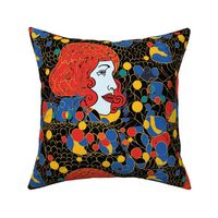 art nouveau geometric red head in primary colors 