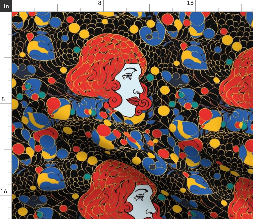 art nouveau geometric red head in primary colors 