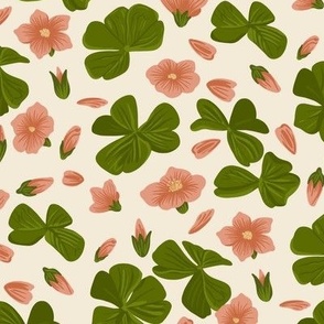 Romantic Pink Lilies and Four leaf clovers - Shamrocks SMALL size 