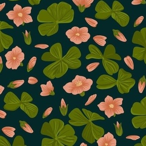 Romantic Pink Lilies and Four leaf clovers on deep blue - Shamrocks SMALL size 