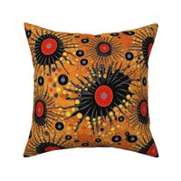geometric surreal spiders of the multiverse in gold orange and black