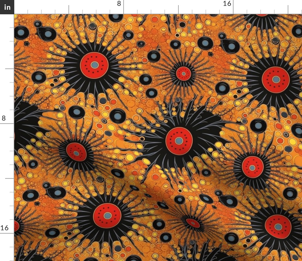 geometric surreal spiders of the multiverse in gold orange and black