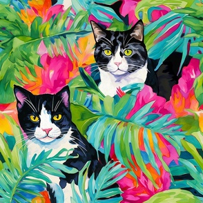 Black and White Cats Tuxedo Cats in Tropical Background - Vibrant Cat Decor