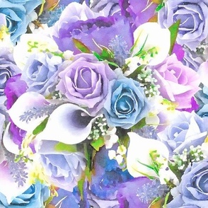 Blue, Pink and Lilac Roses and White Calla Lilies Floral Watercolor Half Drop