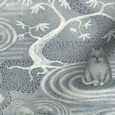 zen cats's garden wallpaper - silver grey and off-white - large scale