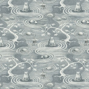 zen cats's garden wallpaper - grey and off-white - medium scale