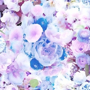 Blue, Pink and Mauve Peonies and Roses Floral Watercolor Half Drop '