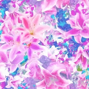 Pink Stargazer Lily and Purple Verbena Floral Watercolor Half Drop