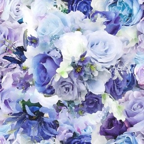 Lavender, White and Blue Roses Floral Watercolor Half Drop