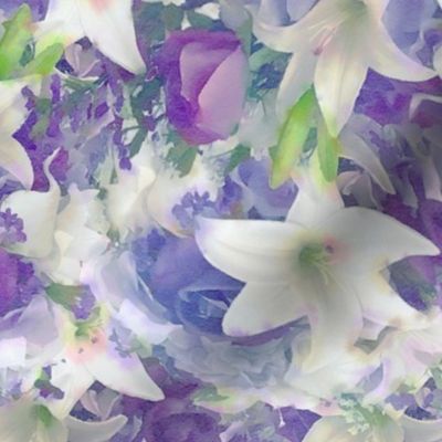 White Easter Lily, Purple Rose and Green Buds Suffragette Floral Watercolor Half Drop
