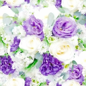 White Roses, Purple Carnations and Green Eucalyptus Suffragette Floral Watercolor Half Drop
