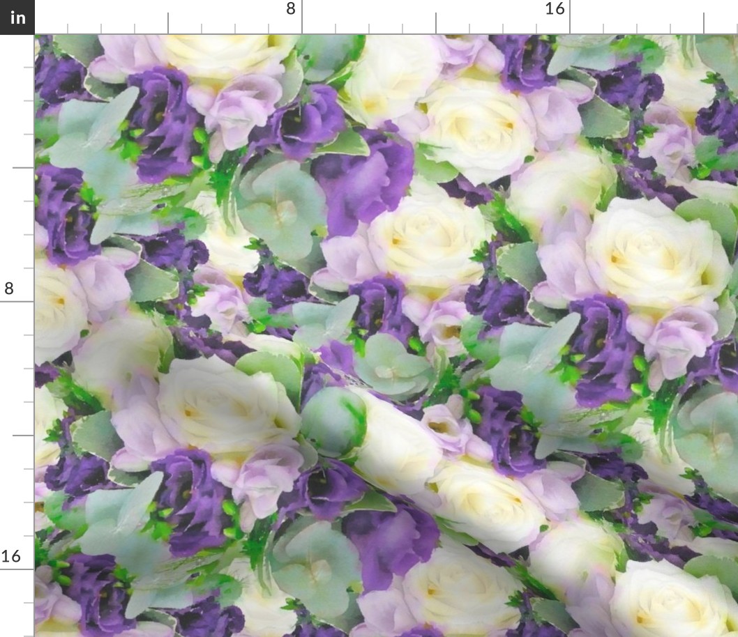 Cream, Lilac and Purple Roses with Green Leaves Suffragette Floral Watercolor Half Drop