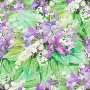 Purple Violets, White Lily of the Valley and Green Leaves Suffragette Floral Watercolor Half Drop